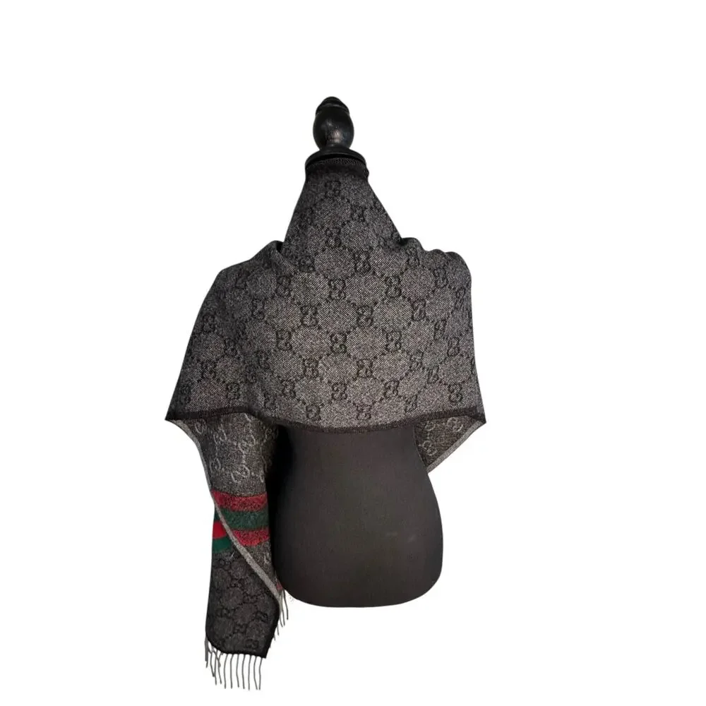 Gucci NWT Nikky Wool GG Monogram Web Stripe Scarf in Grey
